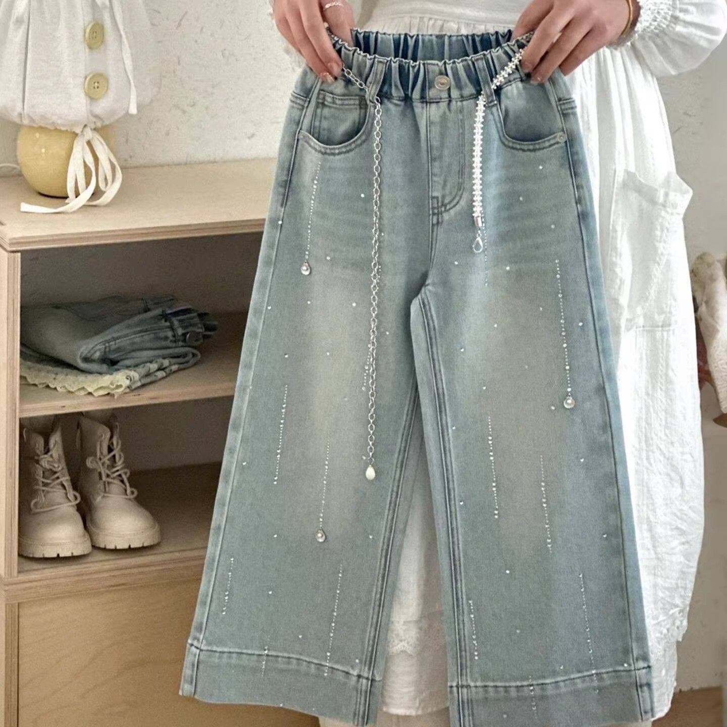 Girls' pants, children's jeans, spring wear, 2026 new fashionable wide-leg pants, super good-looking trousers for middle and older children