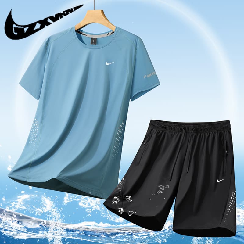 Men's Summer Outfit Set: Premium New Ice Silk Quick-Dry Breathable T-Shirt and Shorts Sportswear Casual Set