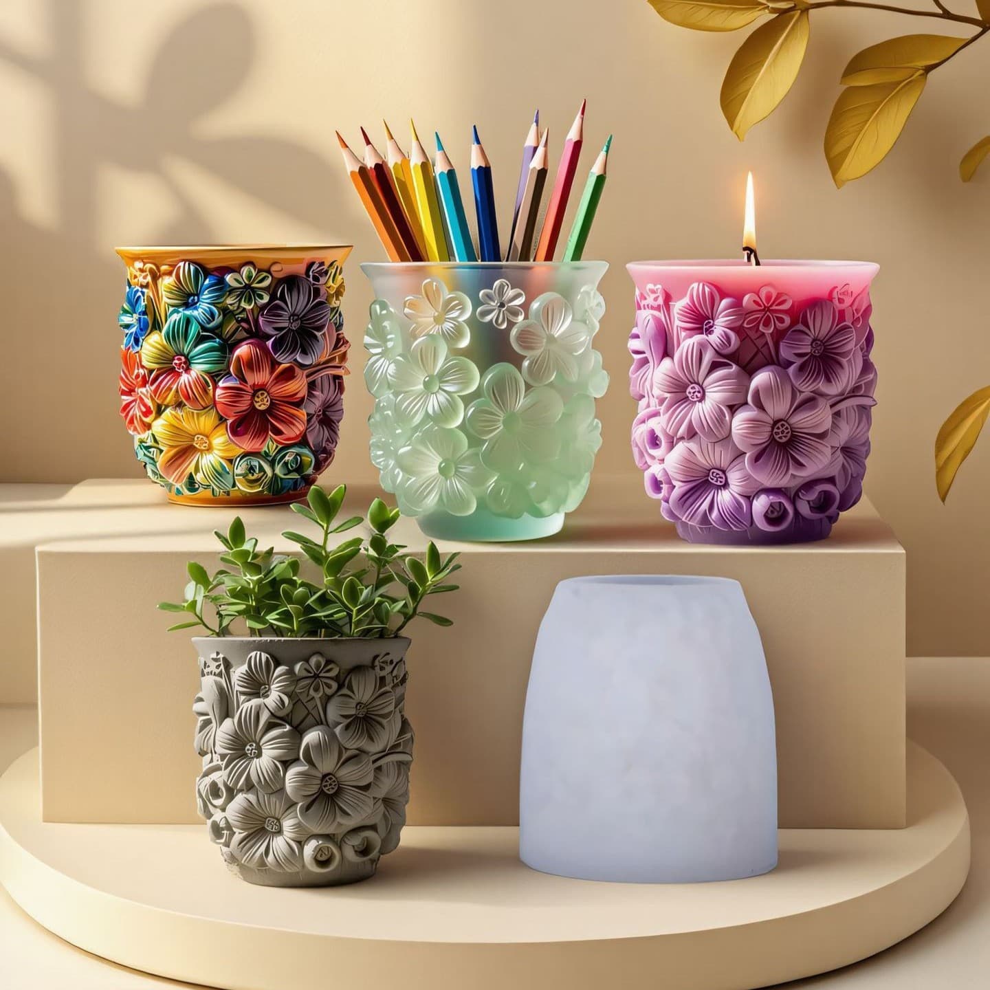 DIY woman holding vase scented candle silicone mold lotus girl flower pot pen holder diffuser plaster mold