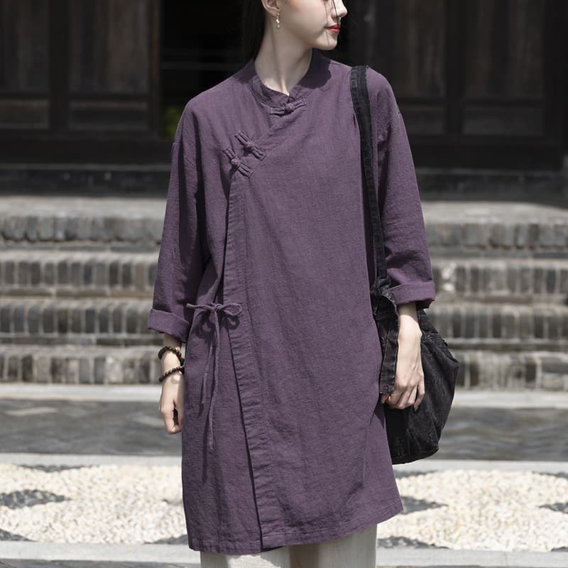 2025 Autumn Linen Ramie Sand-Washed Loop Button Side Closure Tie Retro Chinese Robe for Women Zen Tea Clothing