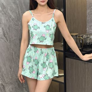 New Cross-Border European and American Style Women's Pajamas, Camisole Shorts Loungewear Set, Printed Camisole Pajama Two-Piece Set, Comfortable for Home