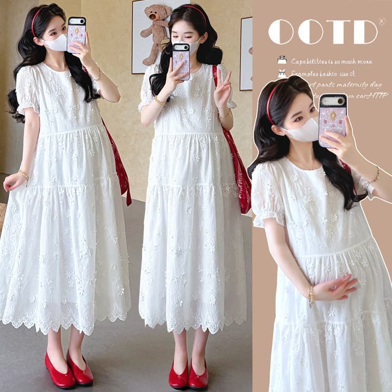 Maternity Summer Loose French Style New Fashion Heavy Embroidery Floral Slimming Dress Sweet Elegant Maternity Dress