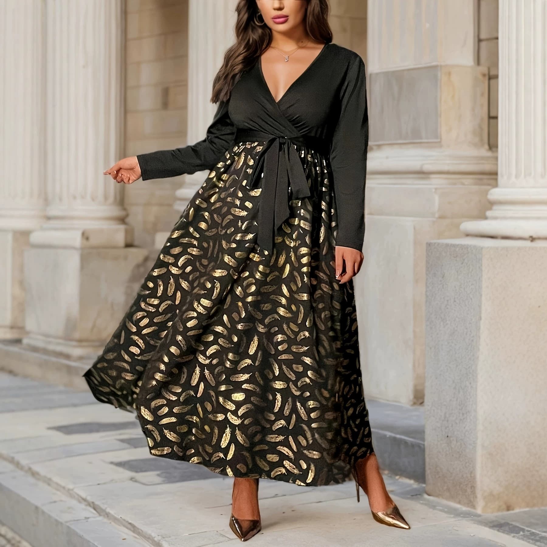 Cross-border foreign trade European and American large size 2026 new autumn style elegant V-neck printed lace-up mid-length dress