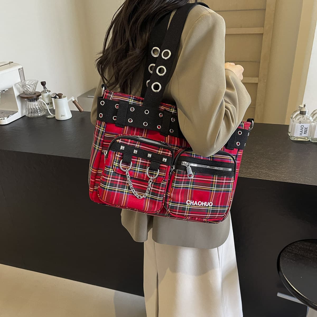 Cross-border foreign trade Y2K plaid large bag canvas bag niche large capacity tote bag unisex portable shoulder crossbody bag