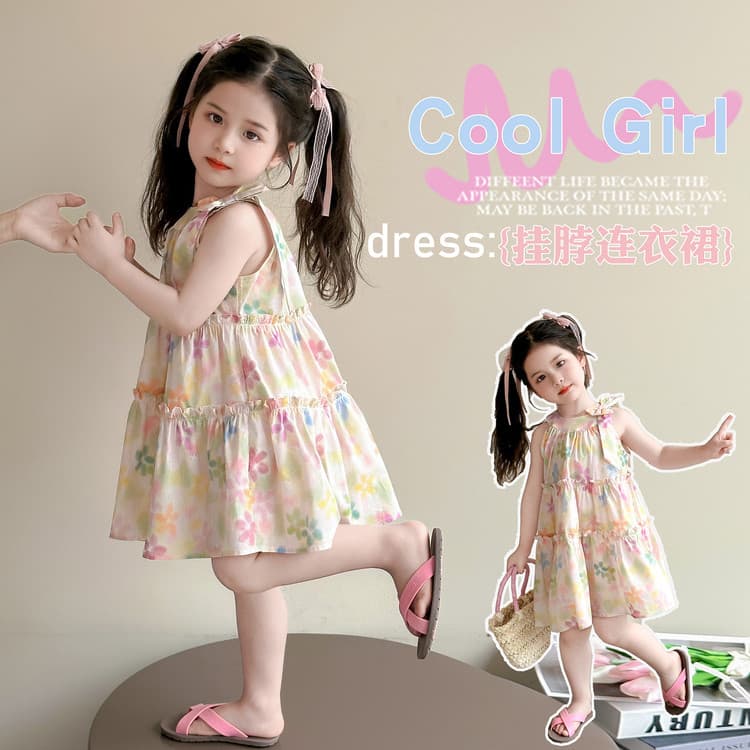 Girls Summer Dress 2025 New Floral Cotton Dress Fashion Sweet Halter Neck Bow Dress