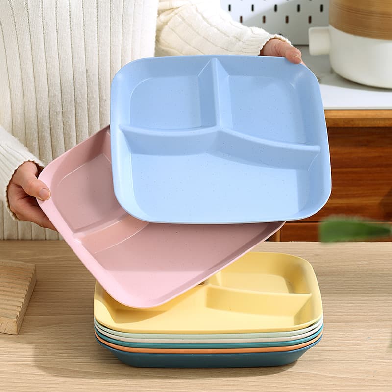 Plastic three-compartment square dinner plate, household breakfast plate, noodle nut plate, lunch quantitative compartmentalized fat-reducing plate, light food plate