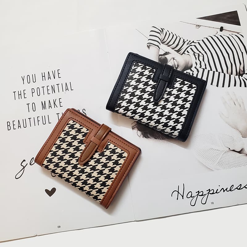 Vintage Women's Checkered Black and White Wallet Short Zipper Coin Purse Card Holder Side Zipper Double Zipper