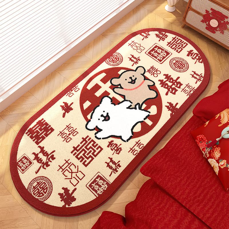 Cartoon Red Wedding Bedroom Faux Lamb Fleece Plush Bedside Rug, Festive Living Room Decoration Carpet, Stain-Resistant Doormat