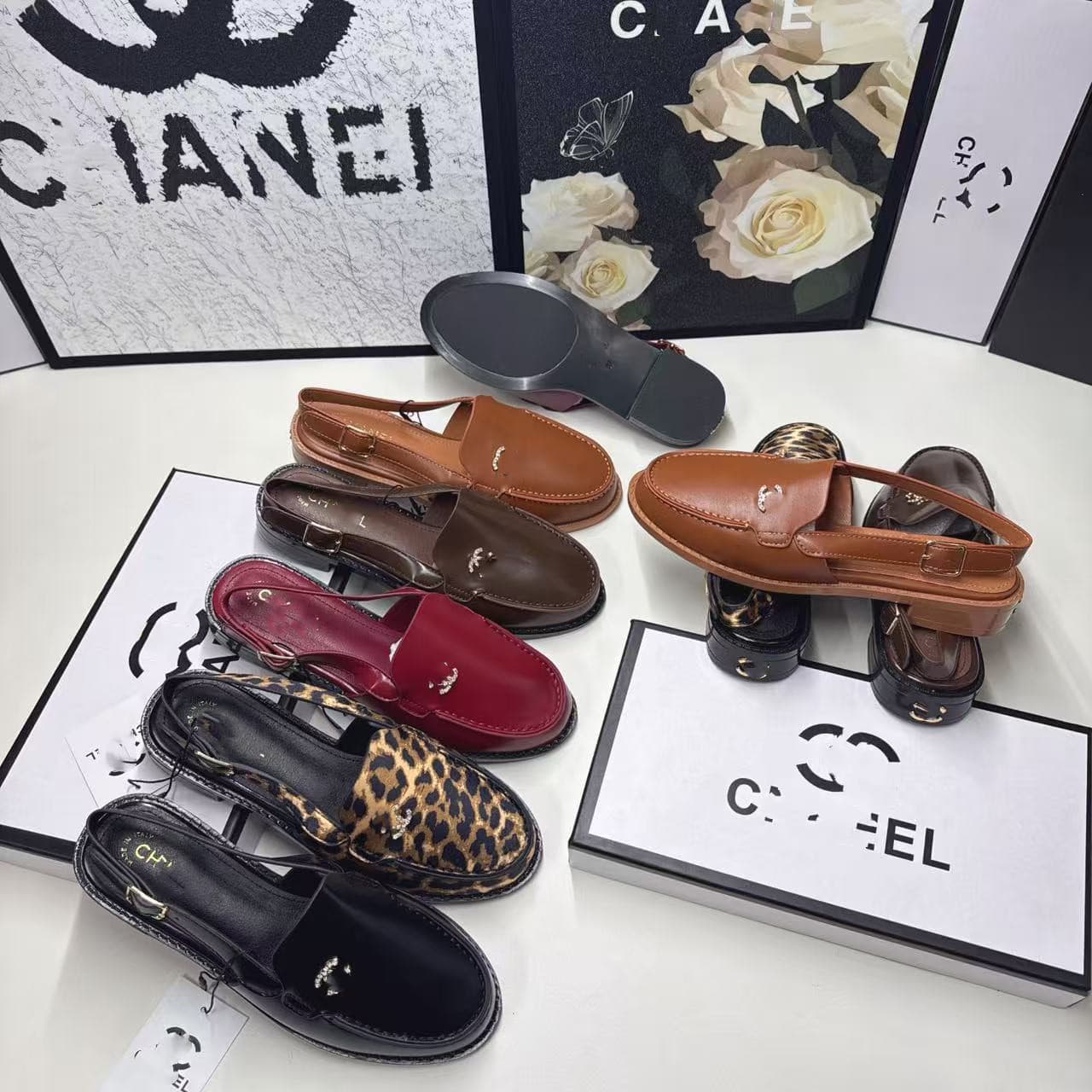 2025 Chanel-inspired leather loafers with one strap, British style, closed toe, platform sole, mule sandals.