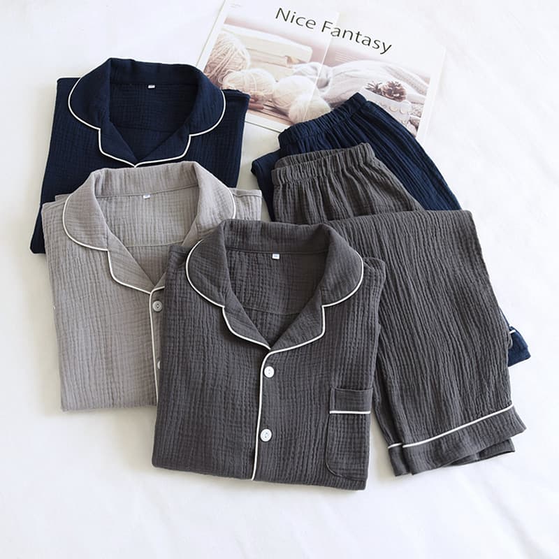 Pure Cotton Double-Layer Gauze Sleepwear for Men, Summer Thin Style, Spring/Autumn Long Sleeve, Solid Color, Loose Fit, Plus Size Home Suit Set
