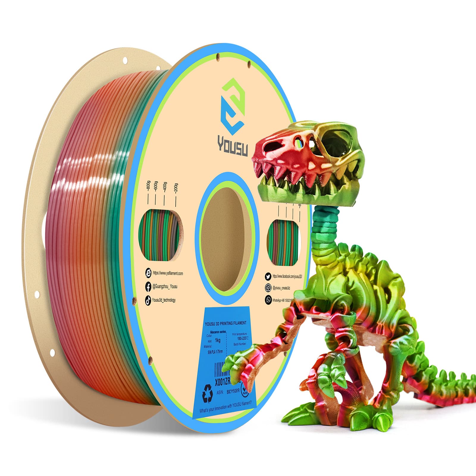 Yousu Silk Rainbow PLA 3D Printing Filament Silk Luster Multicolor Shimmer