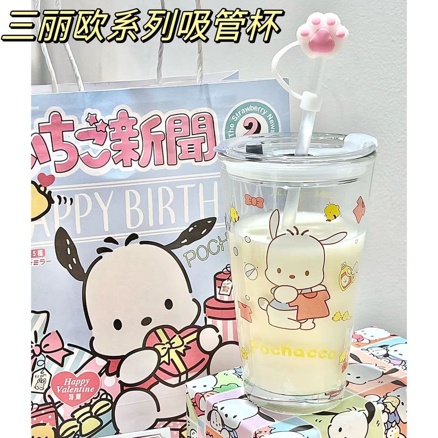 Sanrio Cute Ins Style High Aesthetic Glass Cup with Lid and Straw for Office Home Milk Juice Bubble Tea