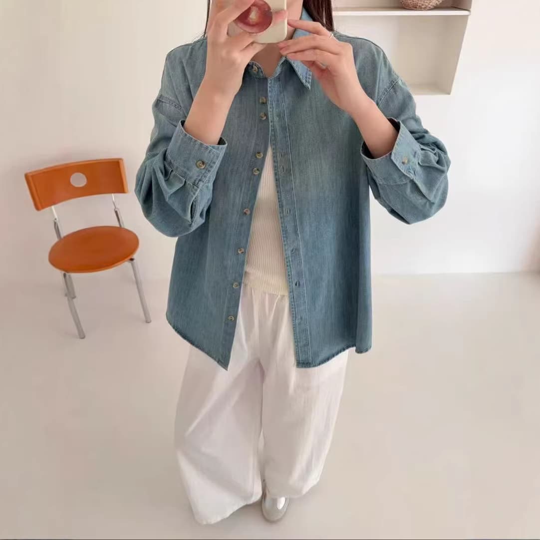 2026 Spring Denim Shirt Long Sleeve Women's Gradient Color Shirt Jacket Loose Casual Korean Style College Shirt