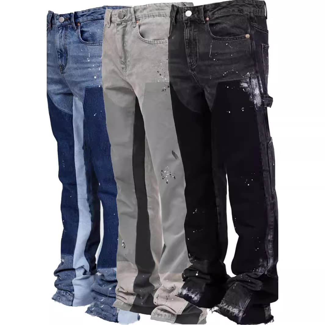 2025 Men's Denim Cargo Pants European and American Fashion Ins Cargo Trend Stretch Patch Denim Layered Flared Pants