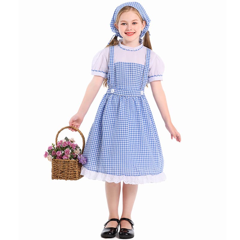 Children's Blue and White Checkered Pastoral Dress with Headscarf, Girls' Fairy Tale Cosplay Stage Performance Costume, Guangzhou Pincolor