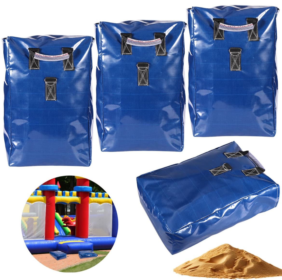 Durable vinyl sandbags with handles, bounce house sandbag supports, fixed inflatable tents, water slides, manufacturer supply