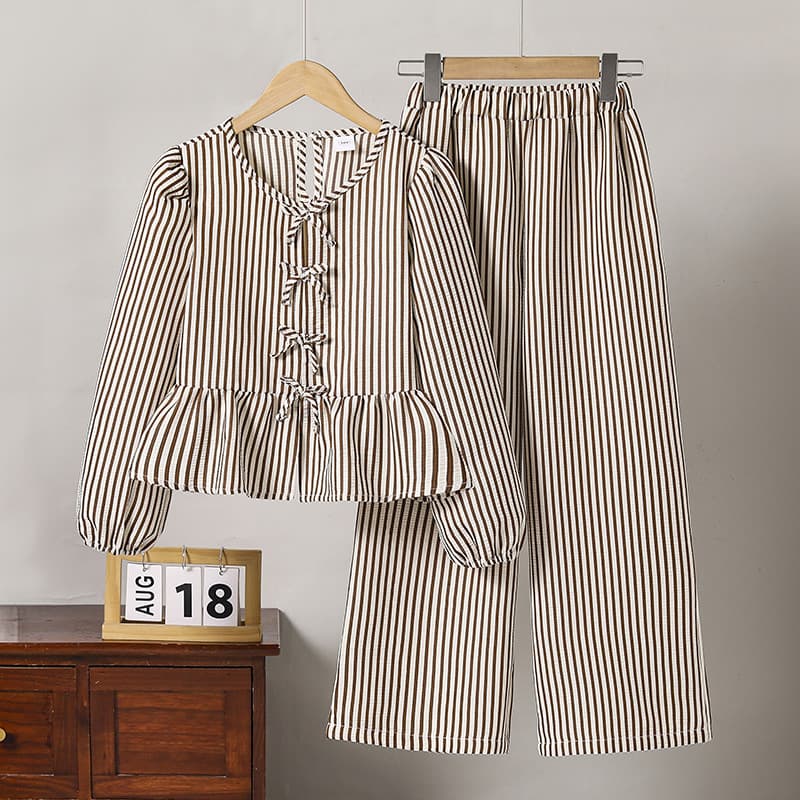Girls spring suit 2026 cross-border new style bow casual striped long-sleeved wide-leg pants foreign trade children's clothing wholesale