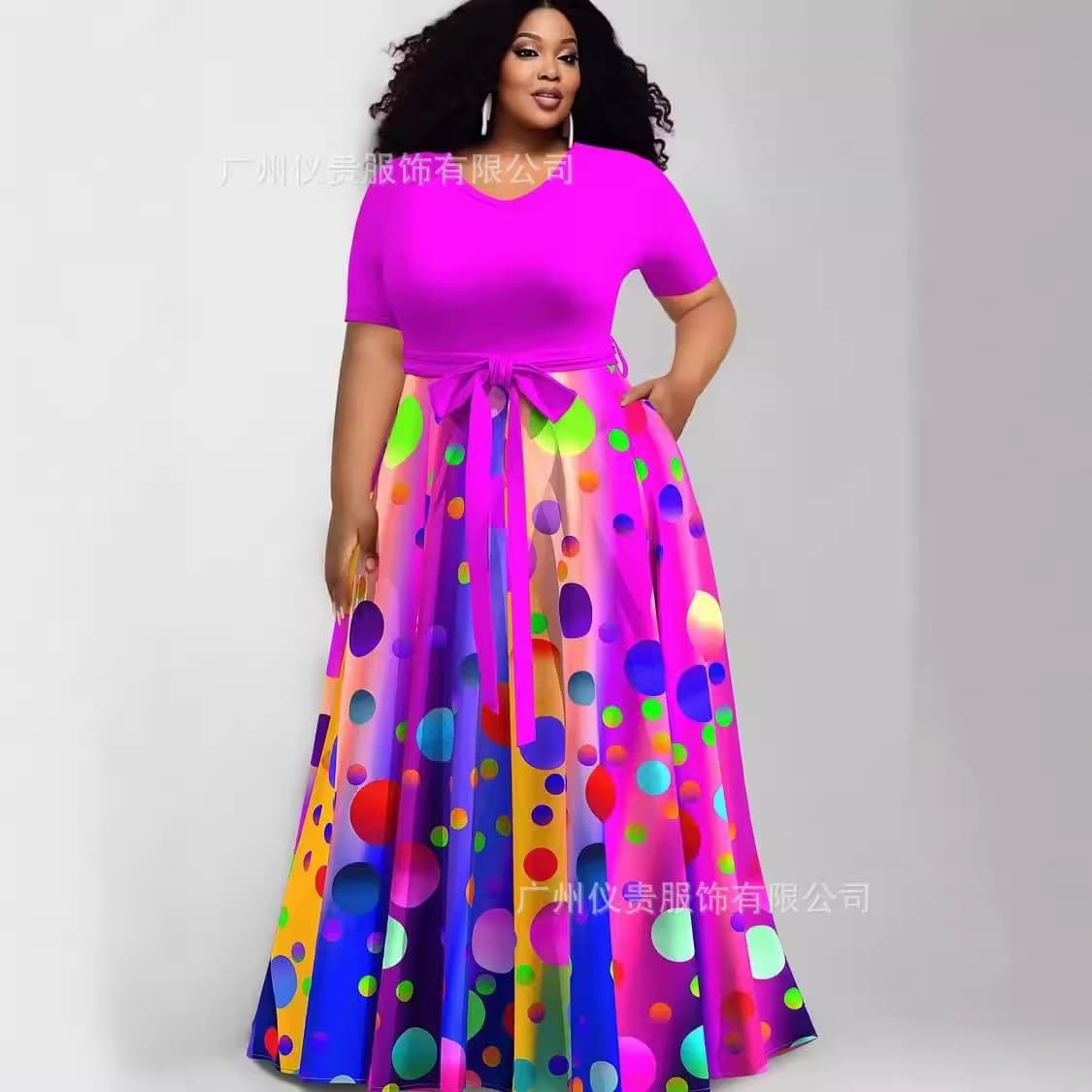 Plus Size Casual Dress European American Cross-Border New Women's Plus Size Fashion Print Contrast Color Dress