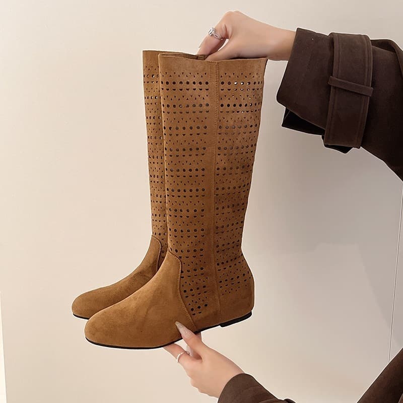 French Hollow Out Long Boots Women 2026 New Autumn Versatile Inner Height Fashion Boots Not Over Knee Riding Boots