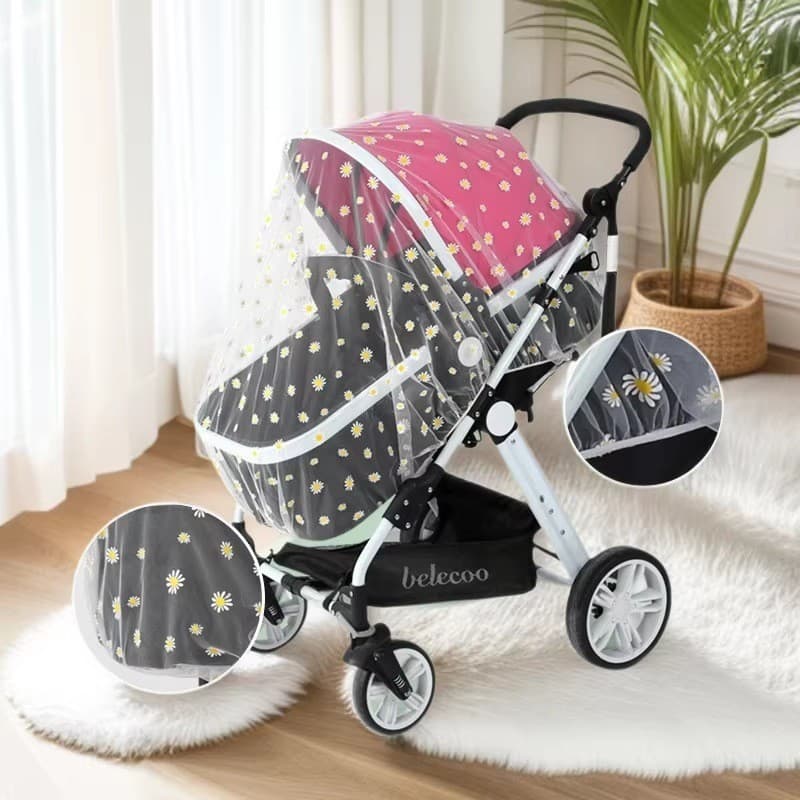 Baby Stroller Mosquito Net, Chrysanthemum Star Pattern Full-Cover Print Mosquito Net, Large and Dense Umbrella Stroller Mosquito Protection