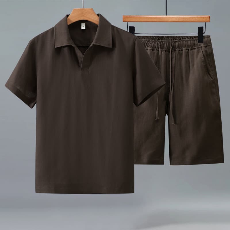 1527+3050 Mature Seagull Collar Men's T-Shirt Ice Silk Casual Turn-down Collar Short Sleeve Polo Shirt Set