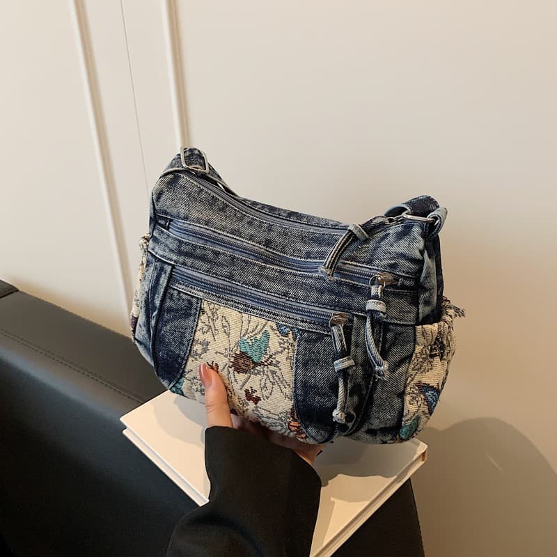 Cross-border new denim bag for women, fashionable commuter style tote bag, casual simple large capacity crossbody bag