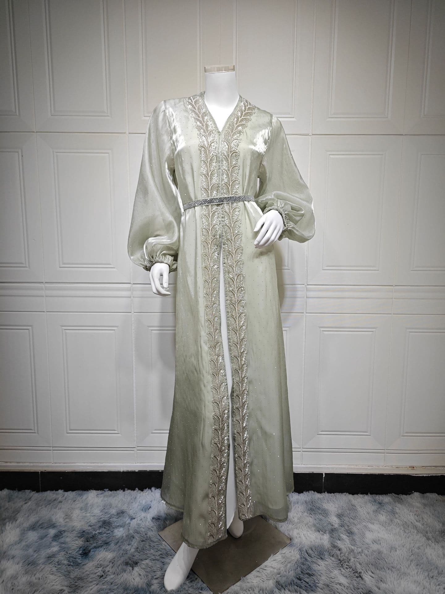 AB453 Amazon Puff Sleeve Cardigan European and American Elegant Long Dress Cross-border Rhinestone Hotfix Three-Piece Set Source Factory