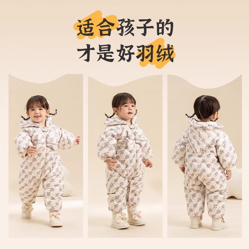 Baby onesie down suit, winter wear for baby girls, thick romper, stylish bow-tie design.