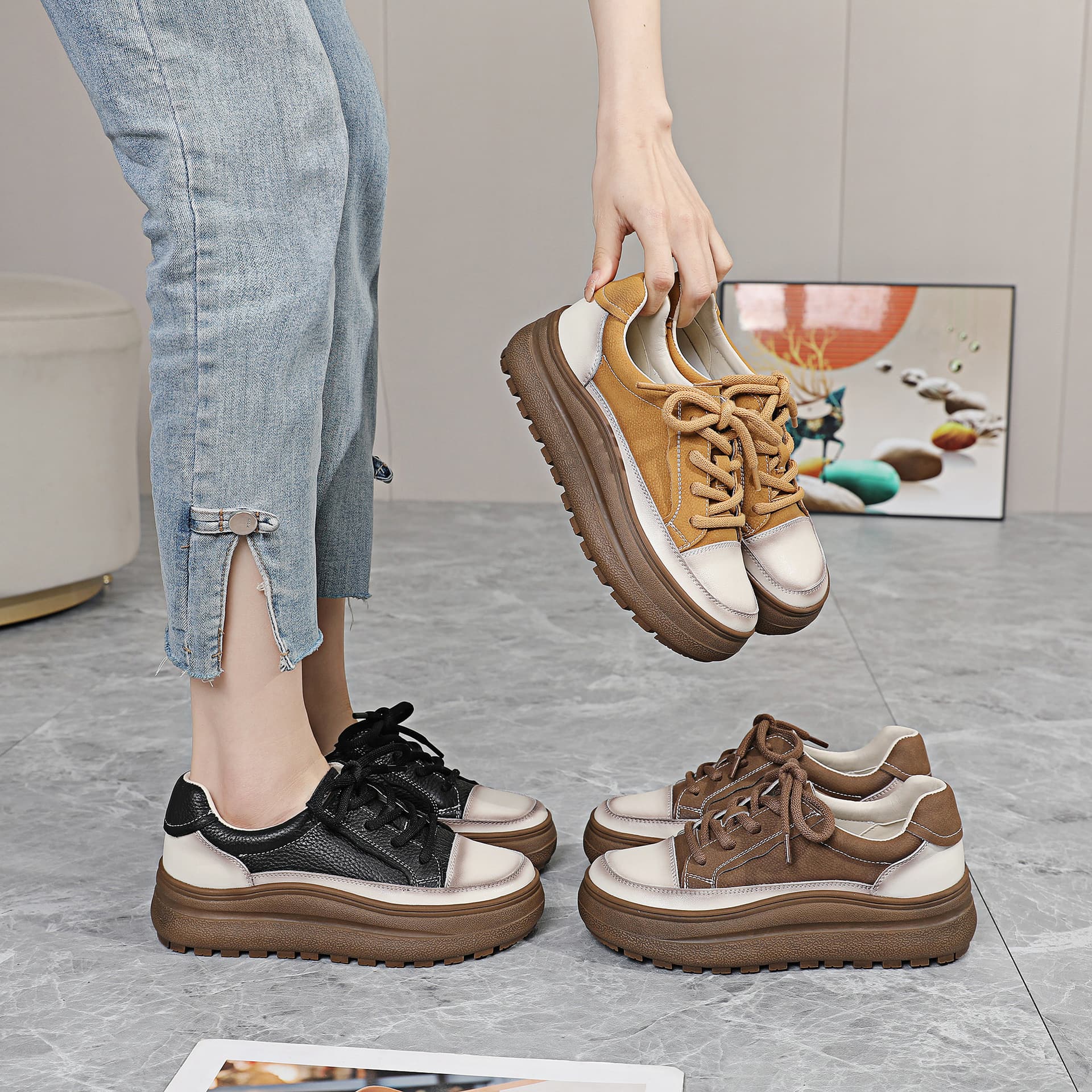 2024 New Genuine Cowhide Versatile Platform Retro Casual Shoes Women's Soft Sole Sneakers Nurse Work Shoes Women's Flats