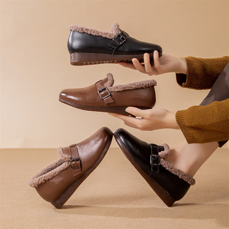 Furry Shoes for Women Winter Outdoor Casual Sheepskin Bean Shoes, Slip-On Flat Mother Plush Cotton Elderly Flats