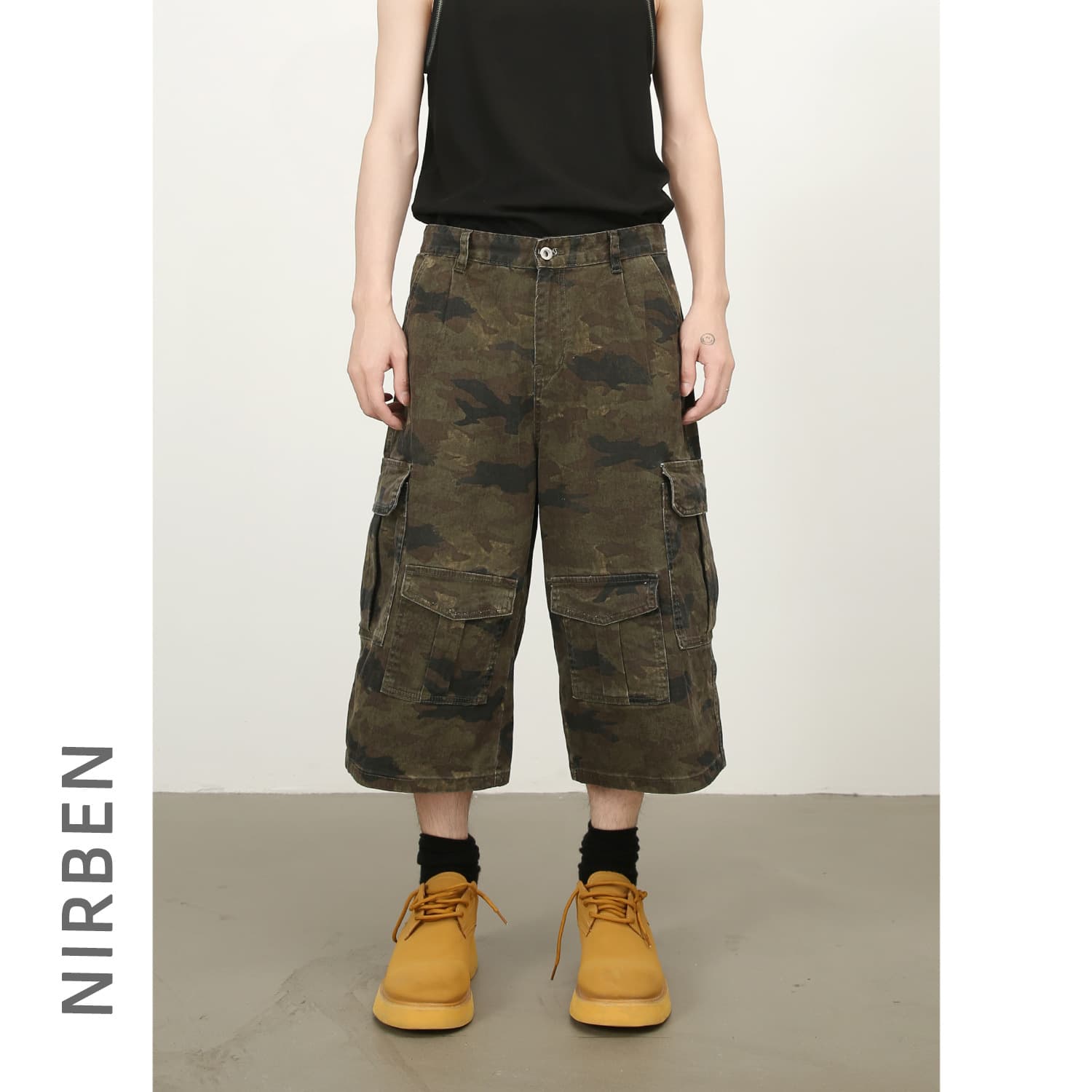 nirben Denim | American Retro Camo Wide-Leg Cropped Pants Multi-Pocket Slightly Stretch Cargo Pants Versatile Straight-Leg Pants
