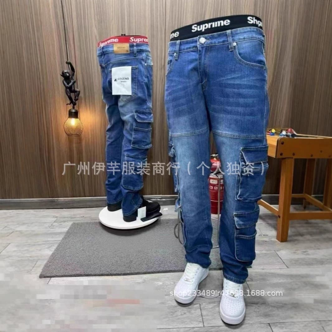 High-end trendy men's multi-pocket cargo jeans