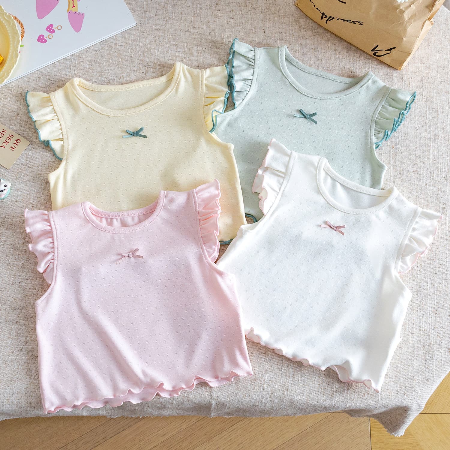 Girls' Flutter Sleeve T-Shirt Summer 26 Round Neck Bow Chic Sweet Princess Style Vest Base Top