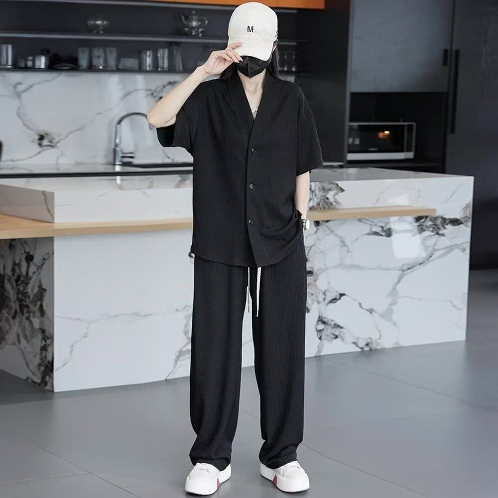American Style Trendy Brand Textured Casual Sportswear for Men and Women, Summer Loose Fit Plus Size Short Sleeve Shirt and Long Pants Two-Piece Set