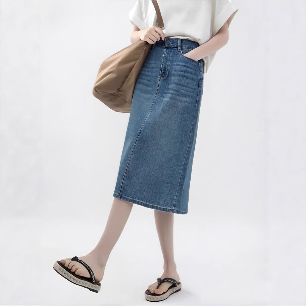 Blue Tencel Split Denim Skirt for Women 2026 Summer High-Waist Slimming Stretch Midi Skirt