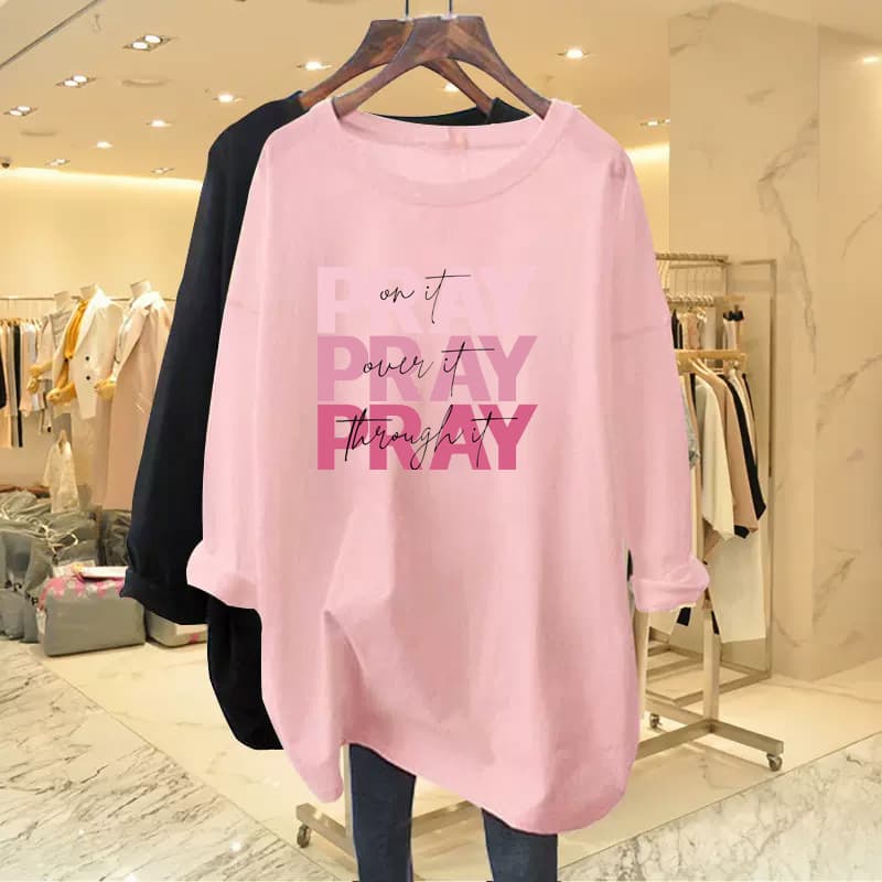 Pink Loose Fit Pure Cotton Long-Sleeve T-Shirt with Letter Print, Women's Long Style, 2024 Autumn/Winter New Arrival, European Oversized Top, Base Layer