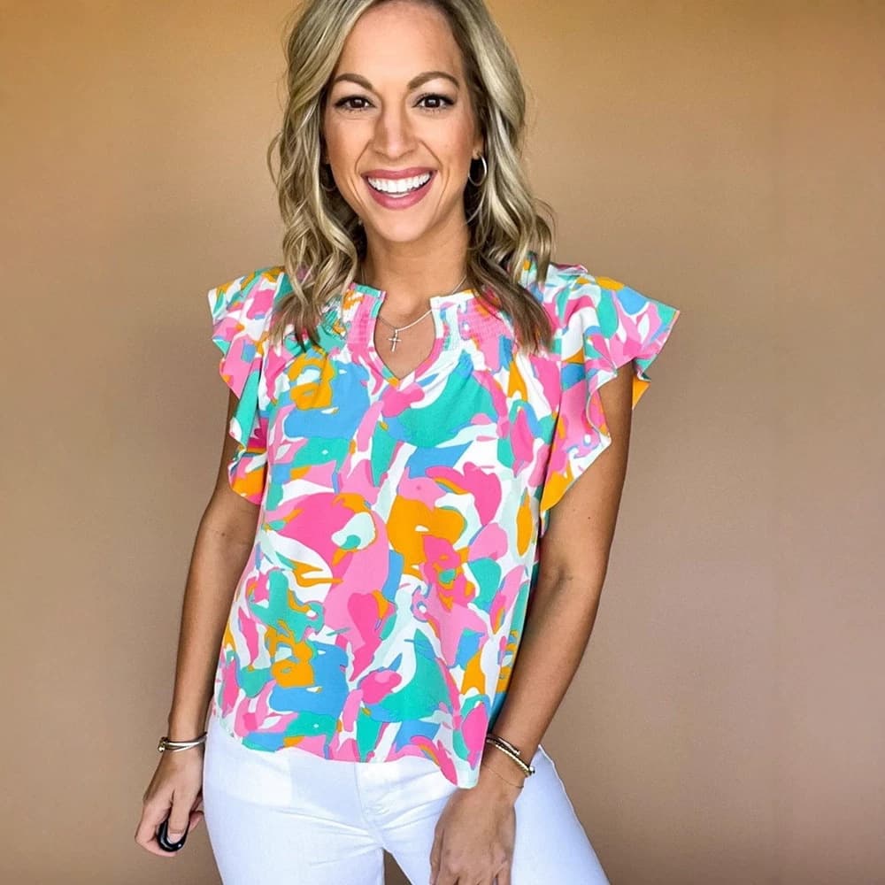2025 Summer New Abstract Printed Chiffon Shirt for Women European and American Fashion Design Ruffled Pullover Top for Women