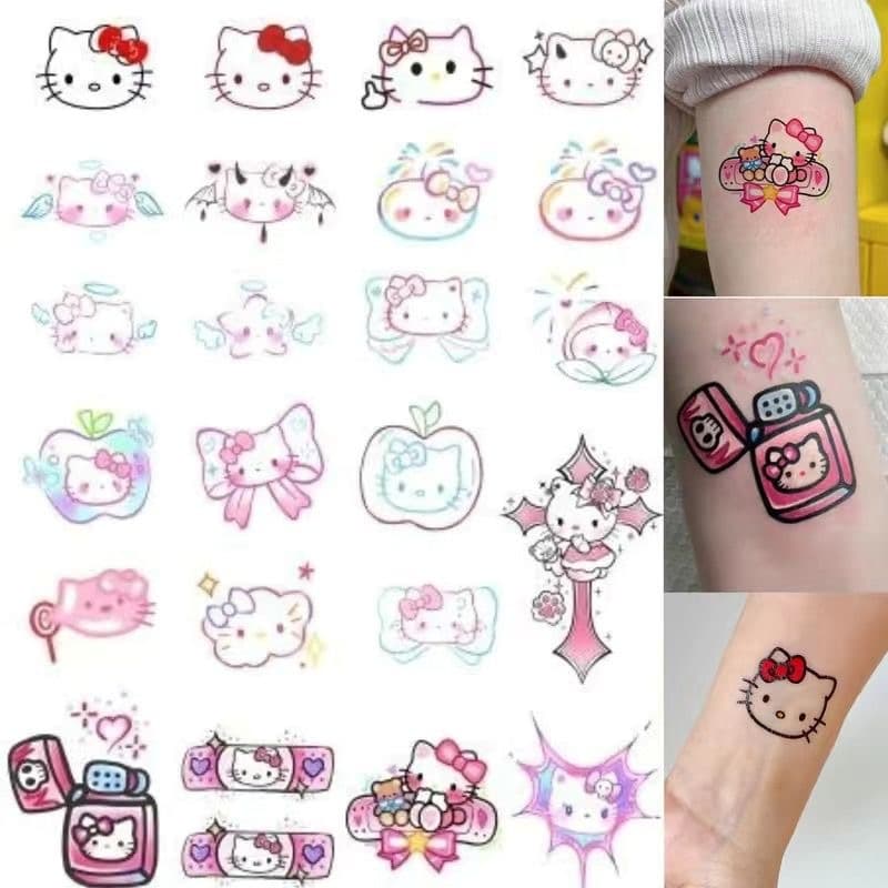 Line Art Cat Cartoon Cute Tattoo Stickers - Viral Hello Kitty Colorful Simple Finger and Wrist Tattoos