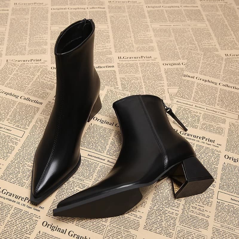 Premium Short Boots for Women, Chunky Heel, Chanel-Style Pointed Toe Martin Boots, High Heel Ankle Boots, Korean-Style Black Slim Boots