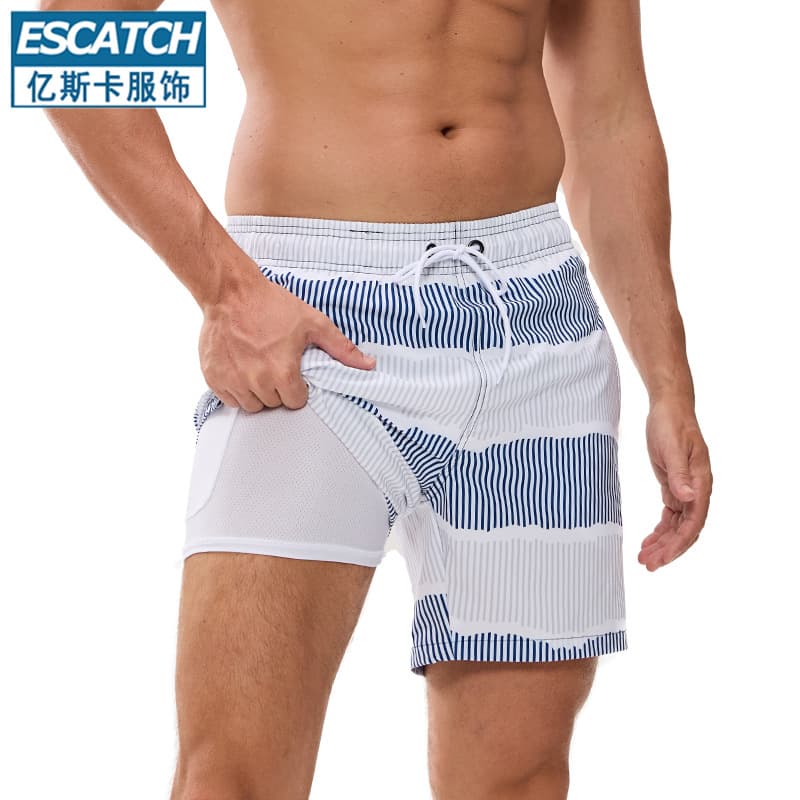Double-Layer Anti-Exposure Men's Swim Trunks, Plus Size Casual Surfing Beach Striped Solid Long Lining Men's Sports Shorts