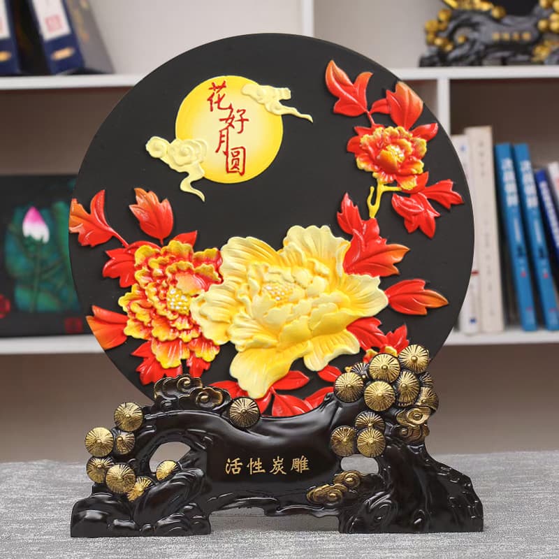 Mid-Autumn Festival Creative Gift, Activated Charcoal Carving Artwork "Blossoms and Full Moon" Design, Business Insurance Wholesale, Neo-Chinese Style