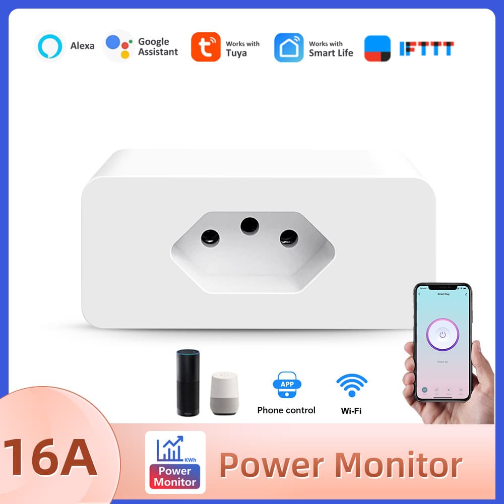 Tuya WiFi Brazil Standard Smart Socket APP Voice Remote Control 16A Energy Monitoring Brazilian Plug