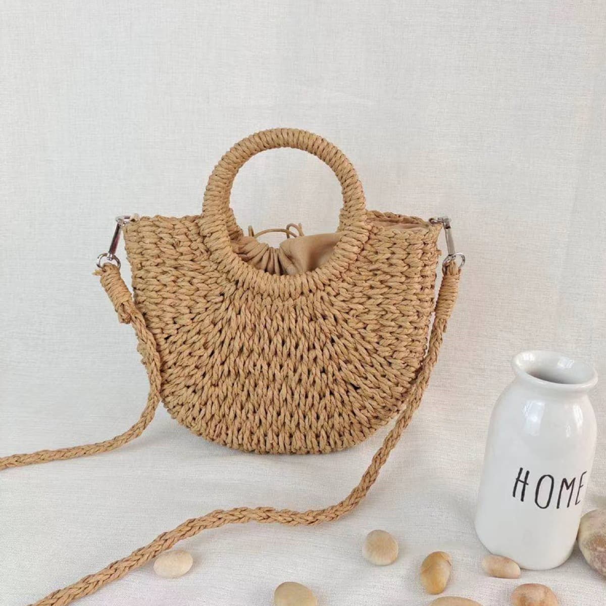 Paper Rope Straw Woven Bag Small Round Bucket Handbag for Women New Vacation Bag Crossbody Bag