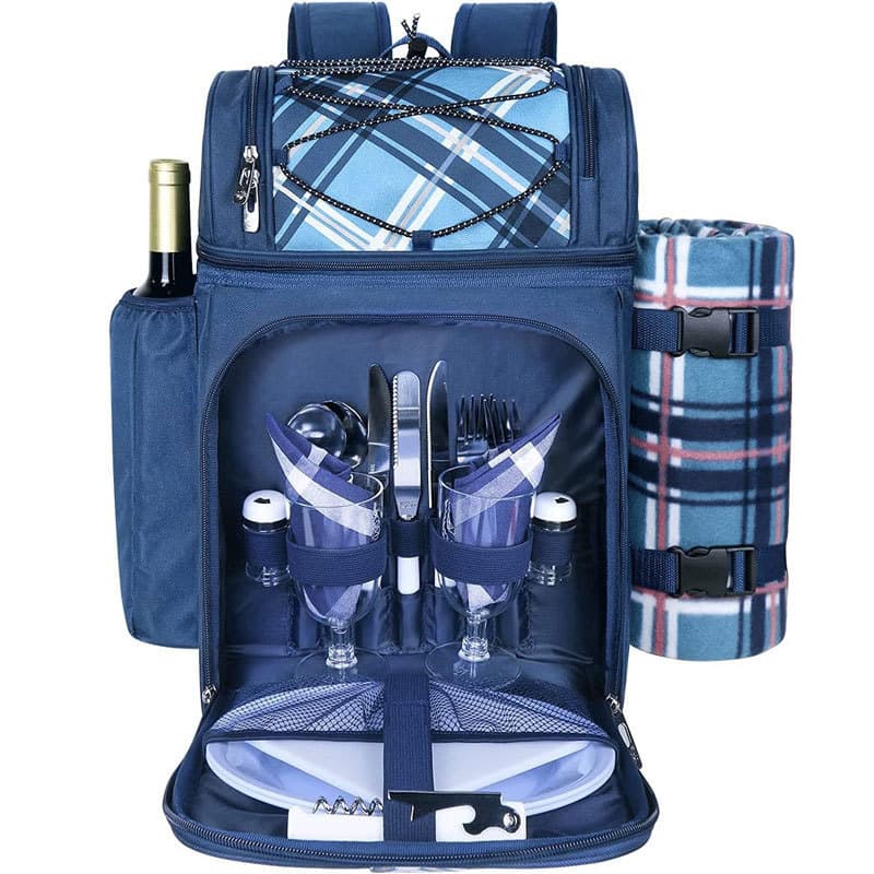 Cross-border Exclusive Picnic Backpack with 2 Insulated Cooler Compartments, Wine Holder, Wool Blanket, and Tableware Set
