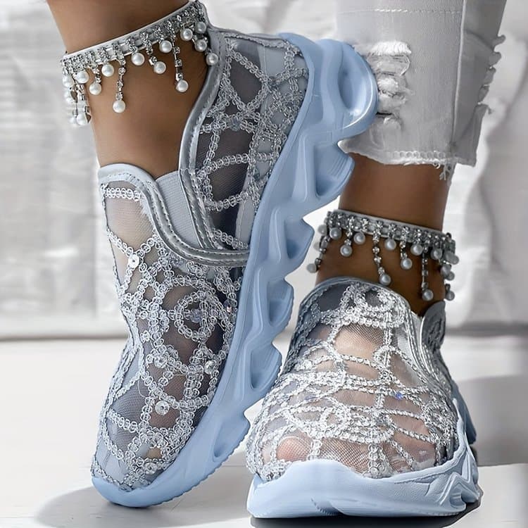 Size difference 0.67 Silver bead embellished mesh lace thick sole casual women's shoes Light blue sole fashion slip-on