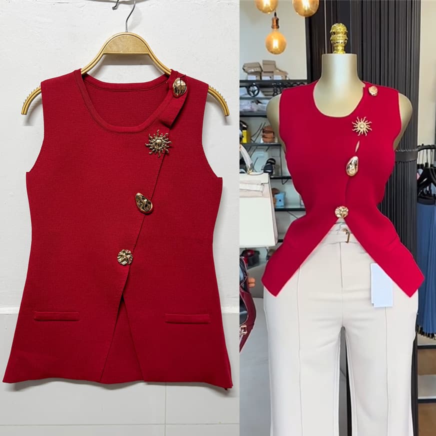2026 Spring/Summer Women's Solid Color Round Neck Sleeveless Fitted Knit Vest with Metal Trim