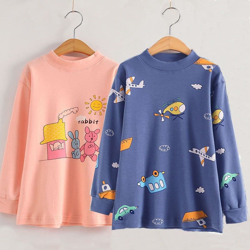 Children's Cotton Knit Top, Long Sleeve, Mid-High or Round Neck, for Boys and Girls, Sleepwear, Undershirt