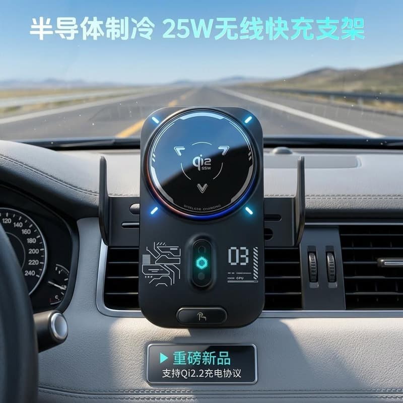 Qi2.2 Car Wireless Charging Mount 25W Fast Charging Semiconductor Cooling Vent Navigation Phone Holder