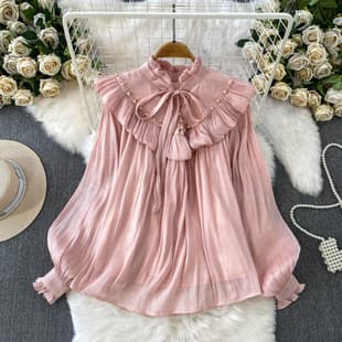 Fairy Style Sweet Ruffle Tie Stand Collar Long Sleeve Blouse Women Spring Autumn Celebrity Age-Reducing Pearl Light Chiffon Base Top