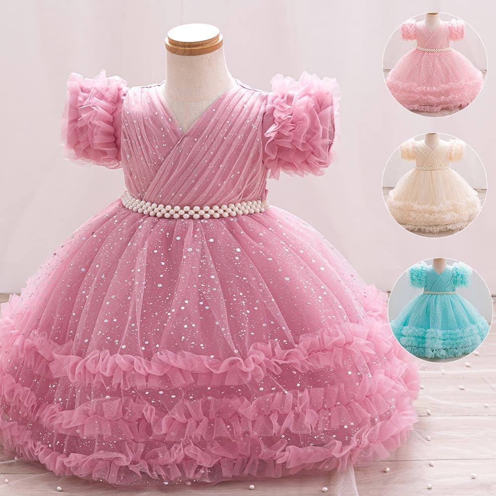 Princess Dress for Girls with Floral Print Lace Sleeves Starlight Dot Beads Birthday Party Children's Flower Girl Baby Clothes